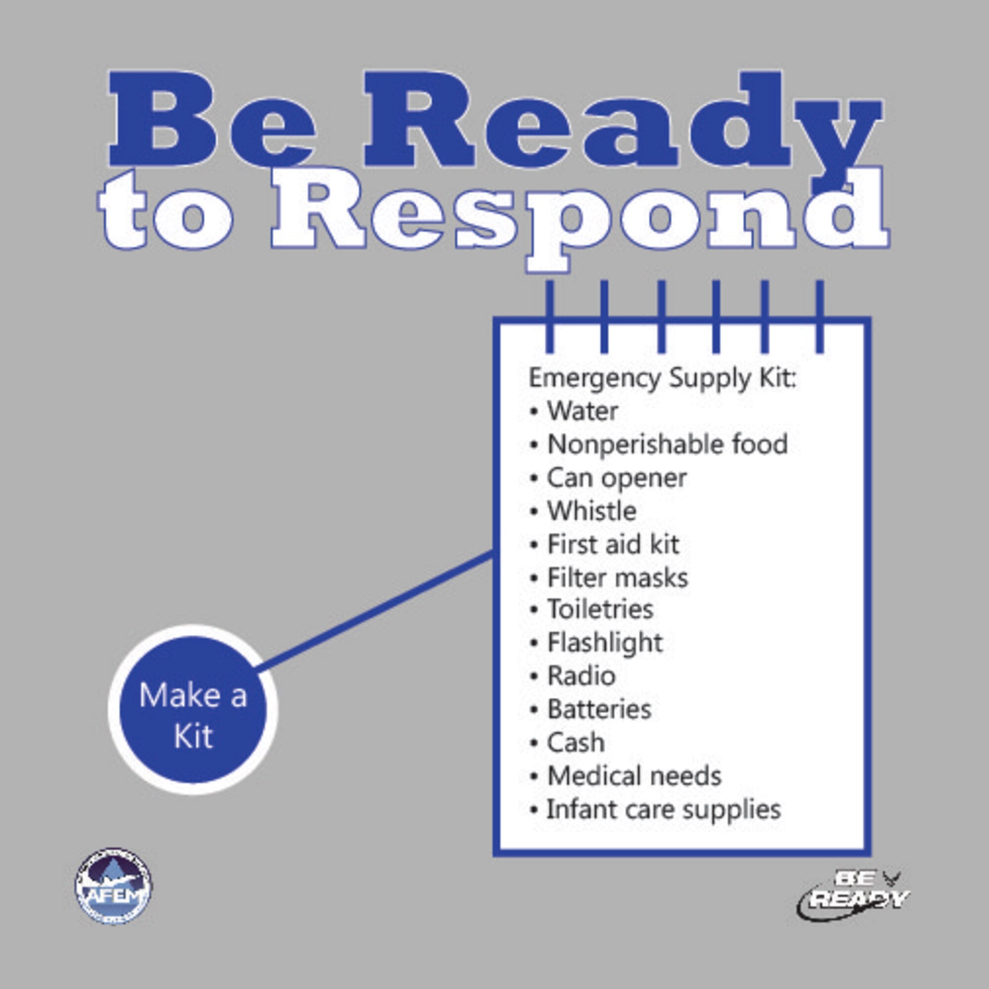 America’s PrepareAthon, an emergency preparedness campaign organized by the Federal Emergency Management Agency, serves as a reminder for all citizens to take necessary steps to be prepared for potential disasters. The Air Force Civil Engineer Center Emergency Management Division is leading Air Force participation efforts for the event. (U.S. Air Force graphic/Jess Echerri/Released)