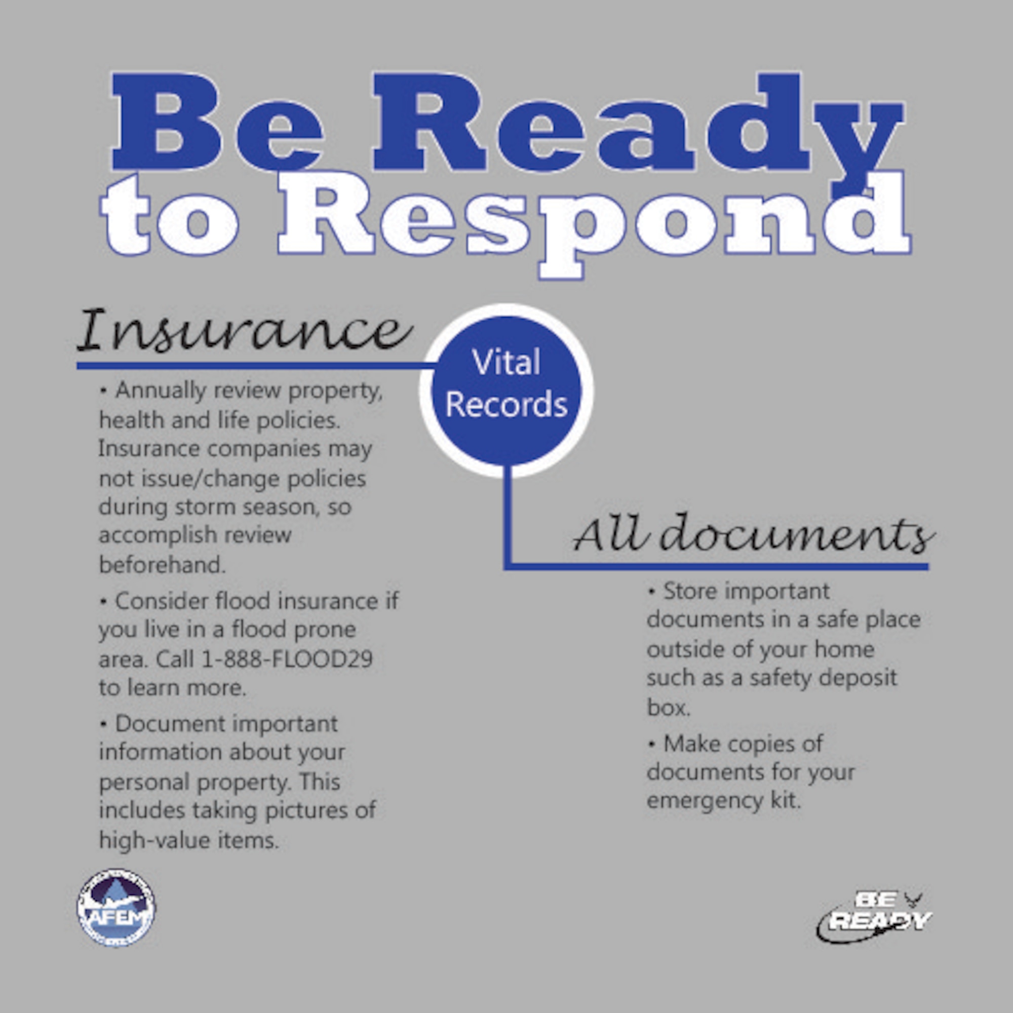 America’s PrepareAthon, an emergency preparedness campaign organized by the Federal Emergency Management Agency, serves as a reminder for all citizens to take necessary steps to be prepared for potential disasters. The Air Force Civil Engineer Center Emergency Management Division is leading Air Force participation efforts for the event. (U.S. Air Force graphic/Jess Echerri/Released)