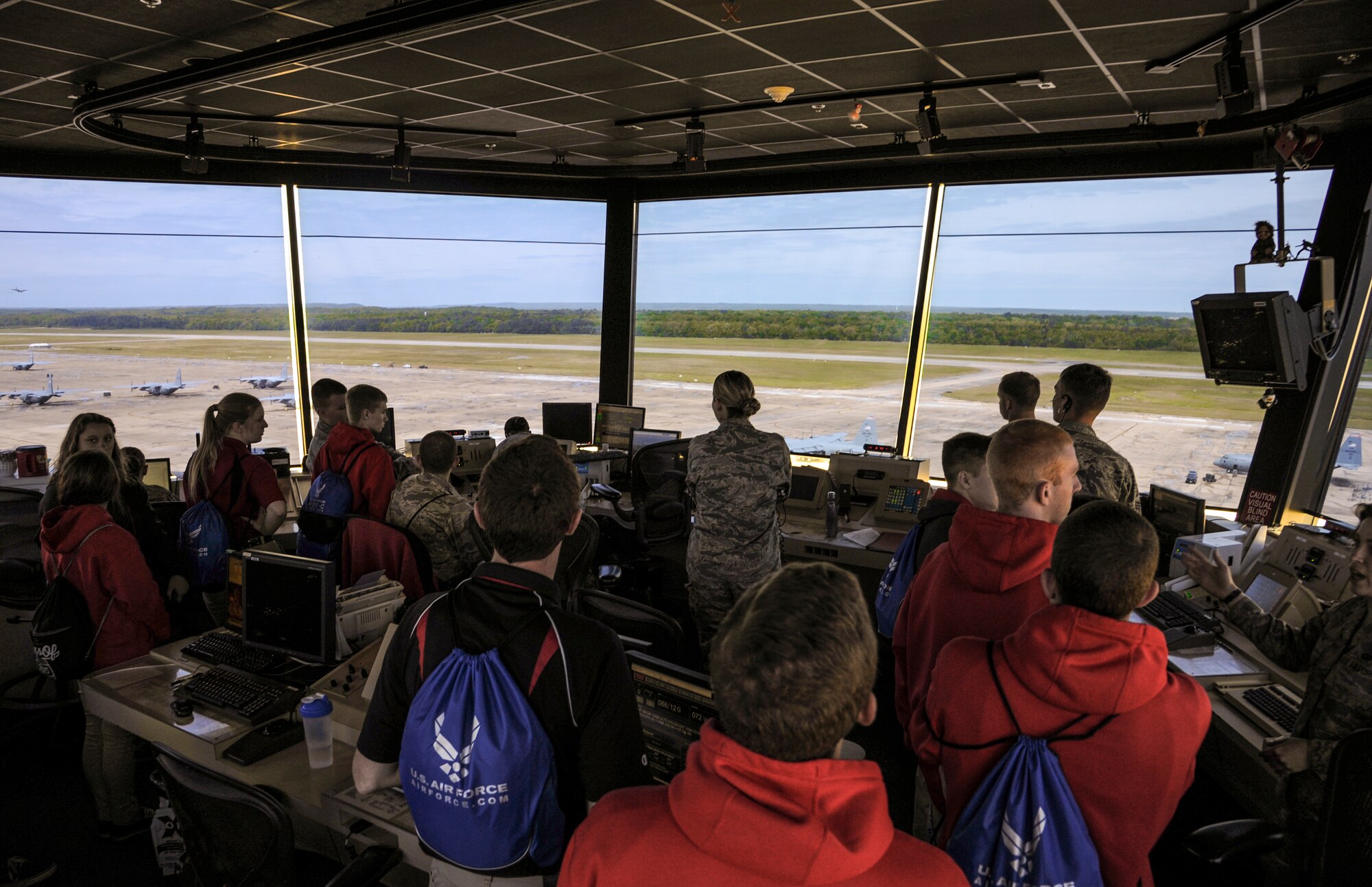 Members of Cabot High School’s Air Force Junior ROTC program tour the air traffic control tower April 23, 2015, at Little Rock Air Force Base, Ark. Approximately 500 JROTC cadets from 13 different high schools across the region visited the base to see how Little Rock Airmen execute combat airlift. (U.S. Air Force photo by Senior Airman Harry Brexel)