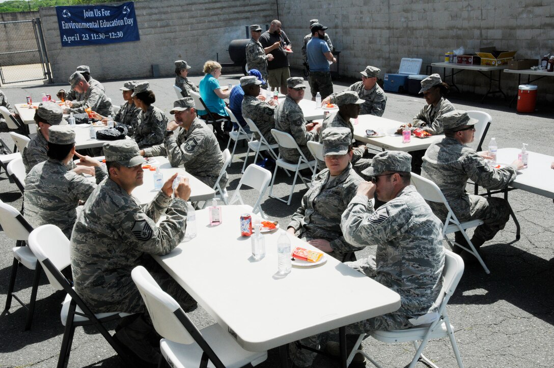 The 145th Airlift Wing held an Environmental Education Day at the North Carolina Air National Guard base, Charlotte Douglas Intl. Airport, April 18, 2015. Several agencies participating in community programs relating to recycling, water quality and environmental restoration attended the event.  Employees were treated to a hotdog/drink/chip combo; all were very appreciative of an opportunity to learn more about local environmental initiatives within the community, at home and at work. (U.S. Air National Guard photo by Master Sgt. Patricia F. Moran, 145th Public Affairs/Released)