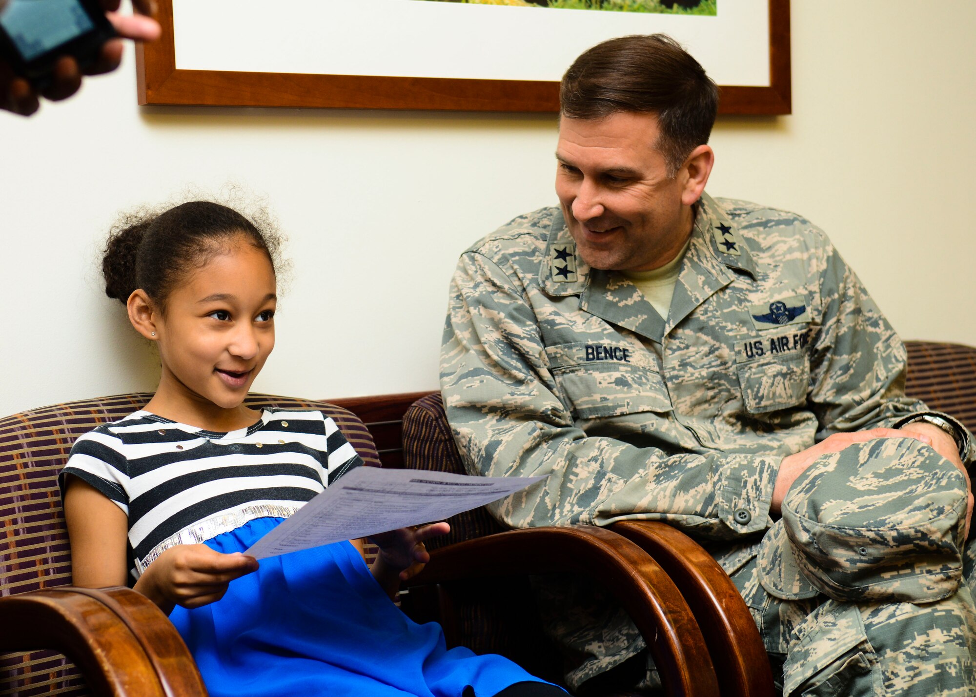 U.S. Air Force Maj. Gen. Christopher Bence, 3rd Air Force vice commander, speaks with a child during a hospital tour April 29, 2015, at Aviano Air Base, Italy. Bence came to see the 31st Fighter Wing’s mission in person and meet Airmen. (U.S. Air Force photo by Senior Airman Austin Harvill/Released)