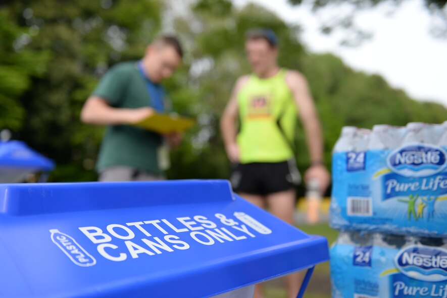 Recycling bins stand by for participants during the Earth Week 5K Fun Run April 24, 2015, at Yokota Air Base, Japan. The event was part of a week-long celebration which included a variety of contests, activities and information supporting the theme of “reduce, reuse, recycle.” (U.S. Air Force photo by Airman 1st Class Elizabeth Baker/Released)