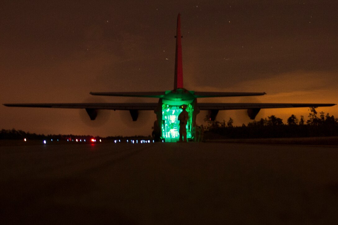 A U.S. Air Force C-130 Hercules prepares to taxi at Elizabeth drop zone