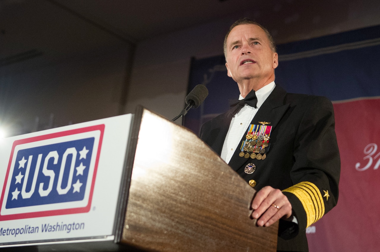 Navy Adm. James A. Winnefeld Jr., the ninth vice chairman of the Joint Chiefs of Staff, retired from military service during a ceremony hosted by Defense Secretary Ash Carter held at Joint Base Myer-Henderson Hall, Va., July 31, 2015. A champion of the USO, Winnefeld is pictured here providing remarks during the USO of Metropolitan Washington’s 31st awards dinner in Arlington, Va. March 14, 2013. The event, which honored military members, families and military supporters for their actions, drew other senior military leaders, entertainers and wounded warriors. U.S. Army photo by Staff Sgt. Teddy Wade