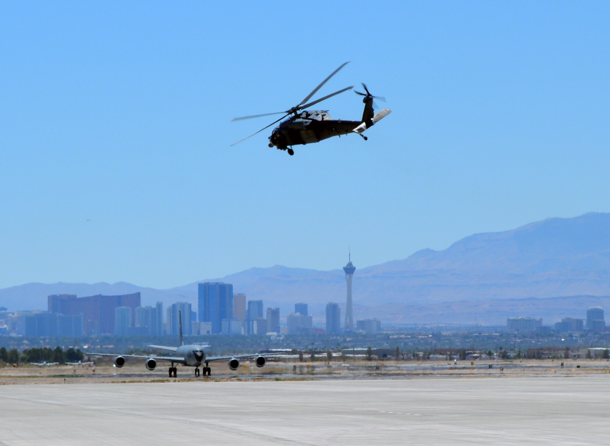 A 920th Rescue Wing HH-60 Pave Hawk helicopter takes off from Nellis Air Force Base July 24, 2015 during RED FLAG, an aerial combat exercise conducted three to four times annually. The 920th RQW participated in RED FLAG July 13-31 with more than 120 reservists and 3 HH-60s. (U.S. Air Force photo/2nd Lt. Anna-Marie Wyant)