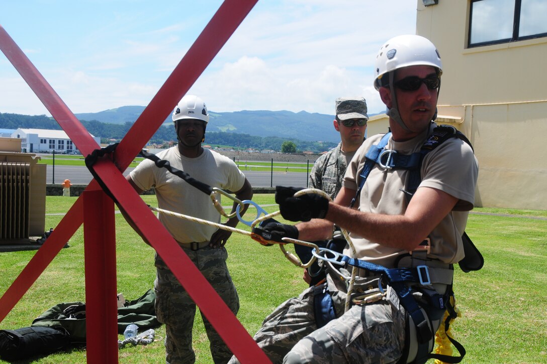 California Air National Guardsman Senior Master Sgt. David Solis, a communications superintendent assigned to the 129th Communications Flight, demonstrates safety precautions and climbing technique during an antenna tower training scenario at Lajes Air Base, Portugal, July 15, 2015. The guardsmen were tasked to decommission three towers during their one-week temporary duty assignment. (U.S. Air National Guard photo by Senior Airman Brian Jarvis)