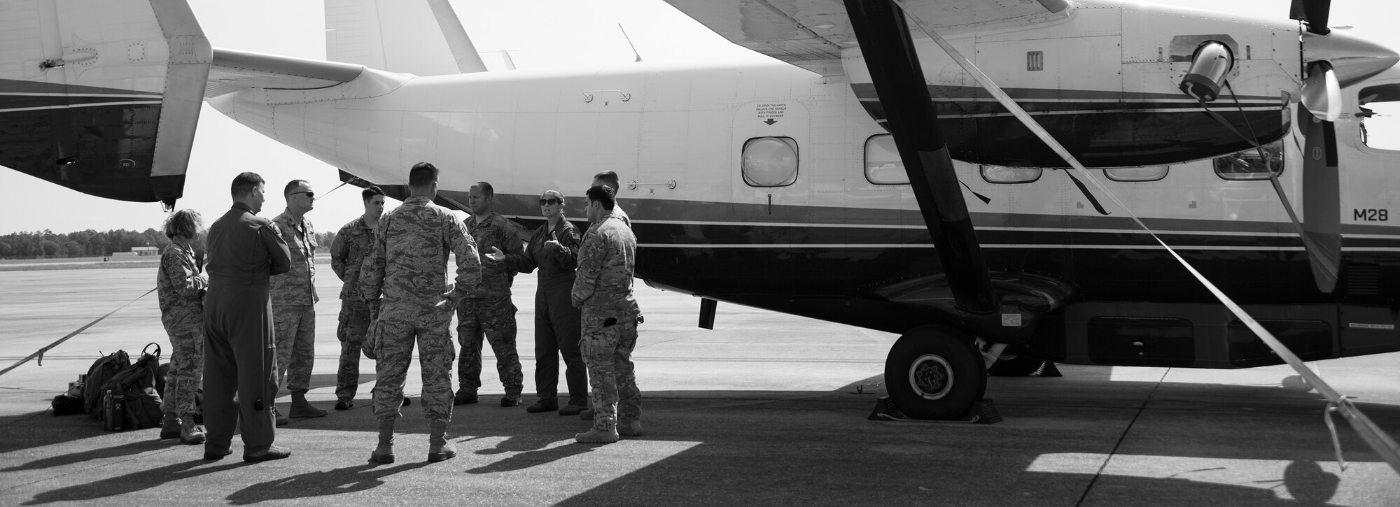 U.S. Air Force Reserve Lt. Col. Leslie Hadley, 711th Special Operations Squadron commander, answers a question during a Q&A regarding the Combat Aviation Advisor mission on the C-145 at Duke Field, Fla., August 1, 2015.  Duke Field's Air Force Reserve and active duty CAAs deploy to partner nations to train personnel to engage in air operations. (U.S. Air Force photo/Tech. Sgt. Jasmin Taylor)