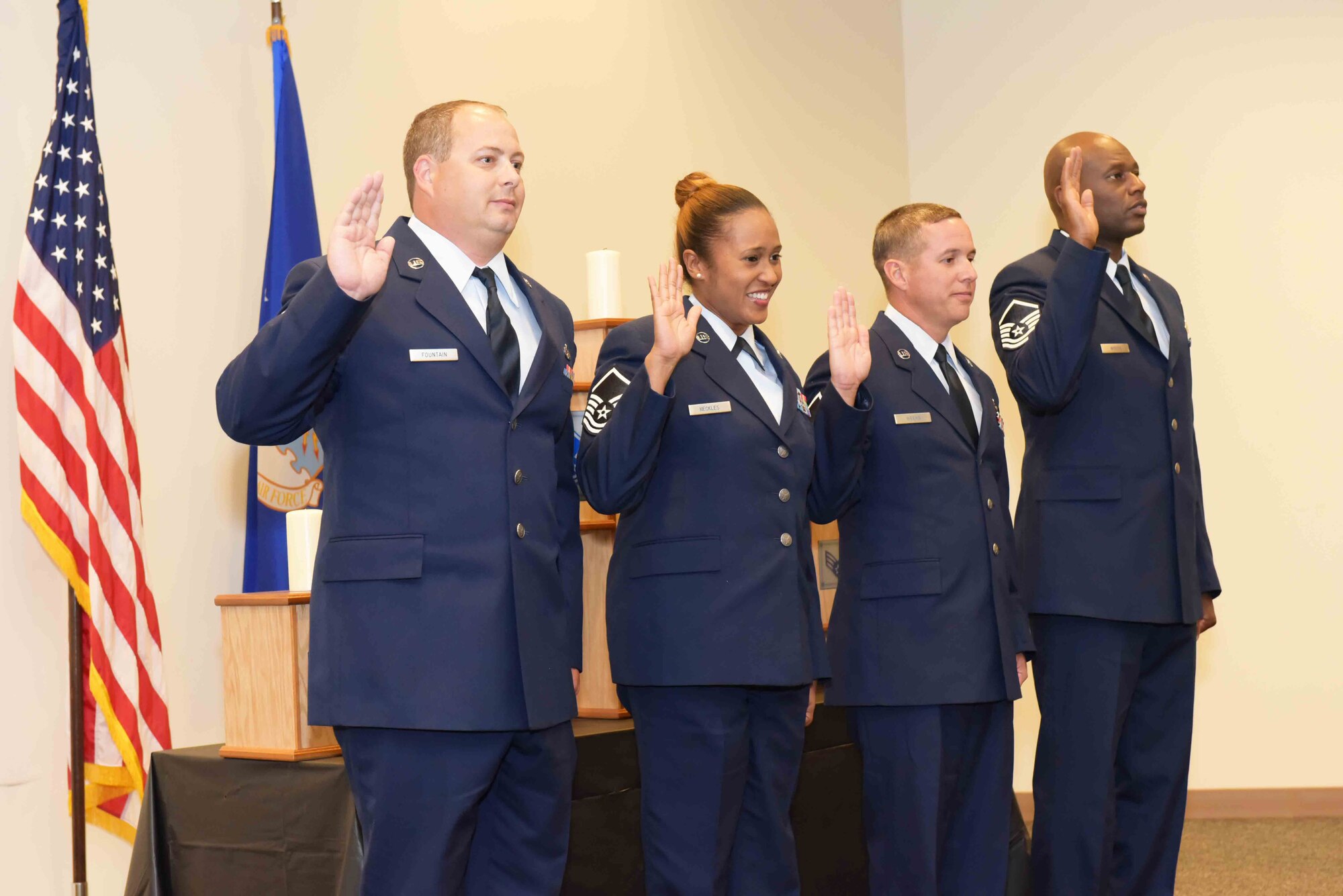 Four new master sergeants were inducted during a ceremony held Aug. 1, 2015, in the 403rd Wing Roberts Consolidated Aircraft Maintenance Facility at Keesler Air Force Base, Mississippi. The ceremony is a time-honored tradition welcoming Air Force Airmen into the responsibilities of their new positions. (U.S. Air Force photo/Tech. Sgt. Ryan Labadens)
