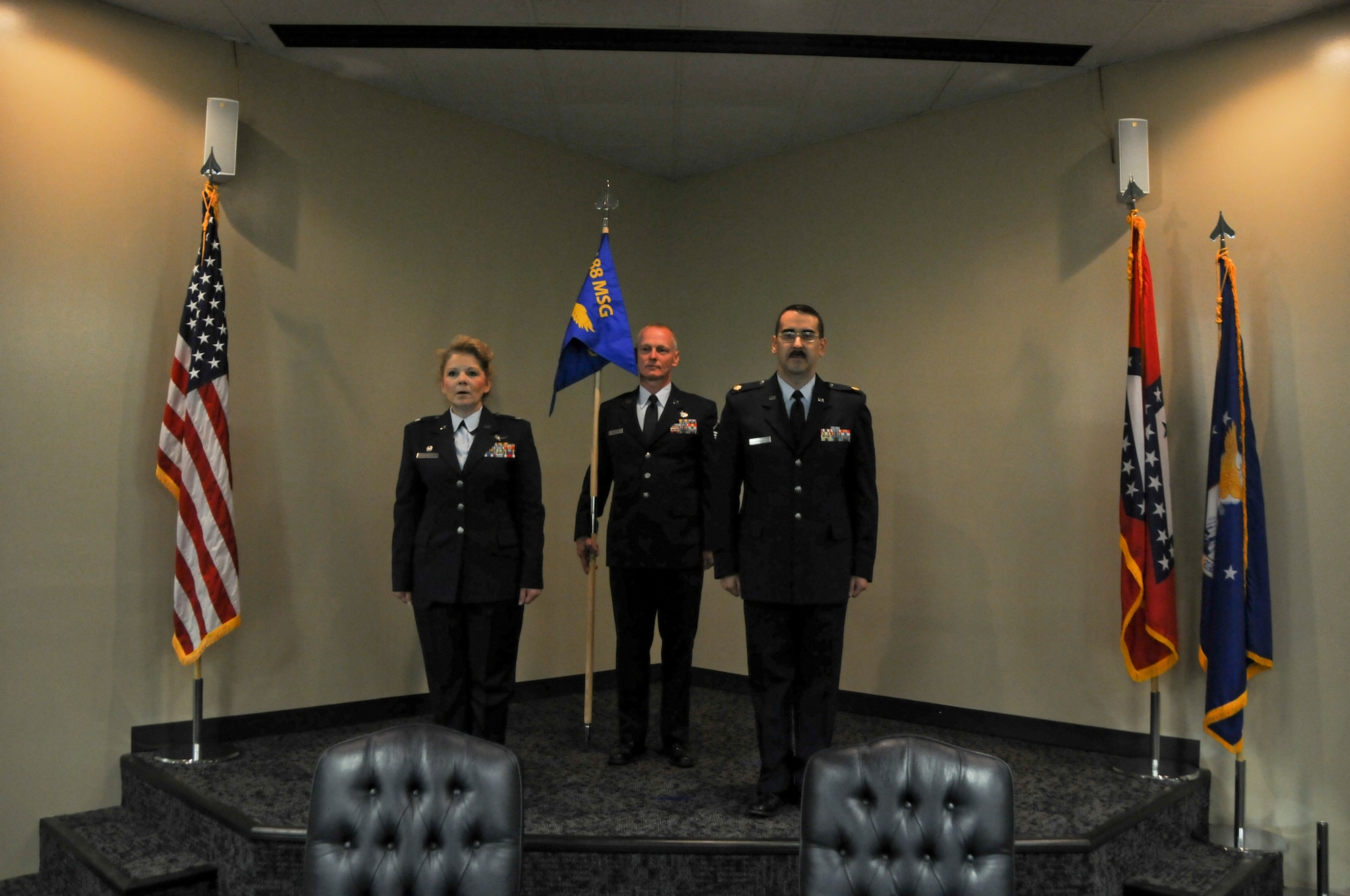 Col. Tenise Gardner, 188th Mission Support Group commander, and Maj. Micheal Howard stand at attention at Ebbing Air National Guard Base, Fort Smith, Ark., during Howard’s assumption of command of the 188th Civil Engineer Squadron Aug. 1, 2015. Before assuming command of the 188th CES, Howard was the base civil engineer. (U.S. Air National Guard photo by Senior Airman Cody Martin/Released)