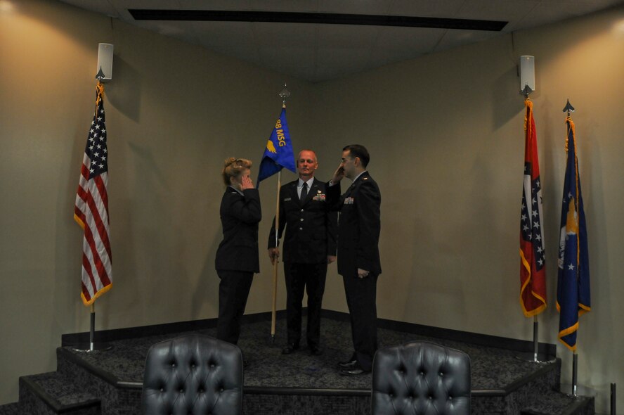 Col. Tenise Gardner, 188th Mission Support Group commander, and Maj. Micheal Howard salute each other at Ebbing Air National Guard Base, Fort Smith, Ark., during Howard’s assumption of command of the 188th Civil Engineer Squadron Aug. 1, 2015. Howard assumed command of the 188th CES which encompasses multiple career fields dedicated to basic engineer services that help maintain the installation. (U.S. Air National Guard photo by Senior Airman Cody Martin) 