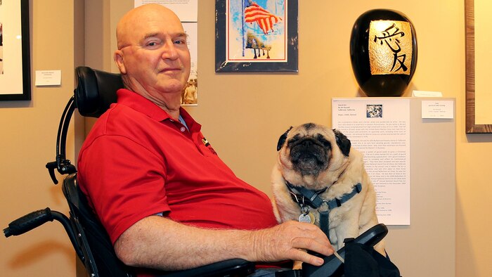 Jim Russell sits in the middle of the The Janice Griffiths Gallery at Marine Corps Base Camp Pendleton, California with his rotund service pug, Mr. Beau, resting on his lap July 24, 2015. The dim lights and cool interior of the gallery offer both some relief from the heat of the day as Russell recounts his tale of his life journey from military discipline to artistic expression. 