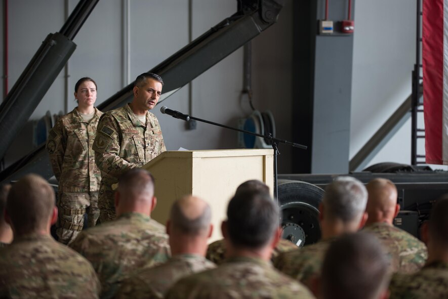 U.S. Air Force Brig. Gen. Dave Julazadeh, 455th Air Expeditionary Wing commander, speaks during the 455th Expeditionary Operations Group change of command ceremony at Bagram Airfield, Afghanistan, Aug. 3, 2015. The 455th EOG is responsible for all expeditionary flying and aeromedical evacuation operations for the 455th AEW. (U.S. Air Force photo by Tech. Sgt. Joseph Swafford/Released)