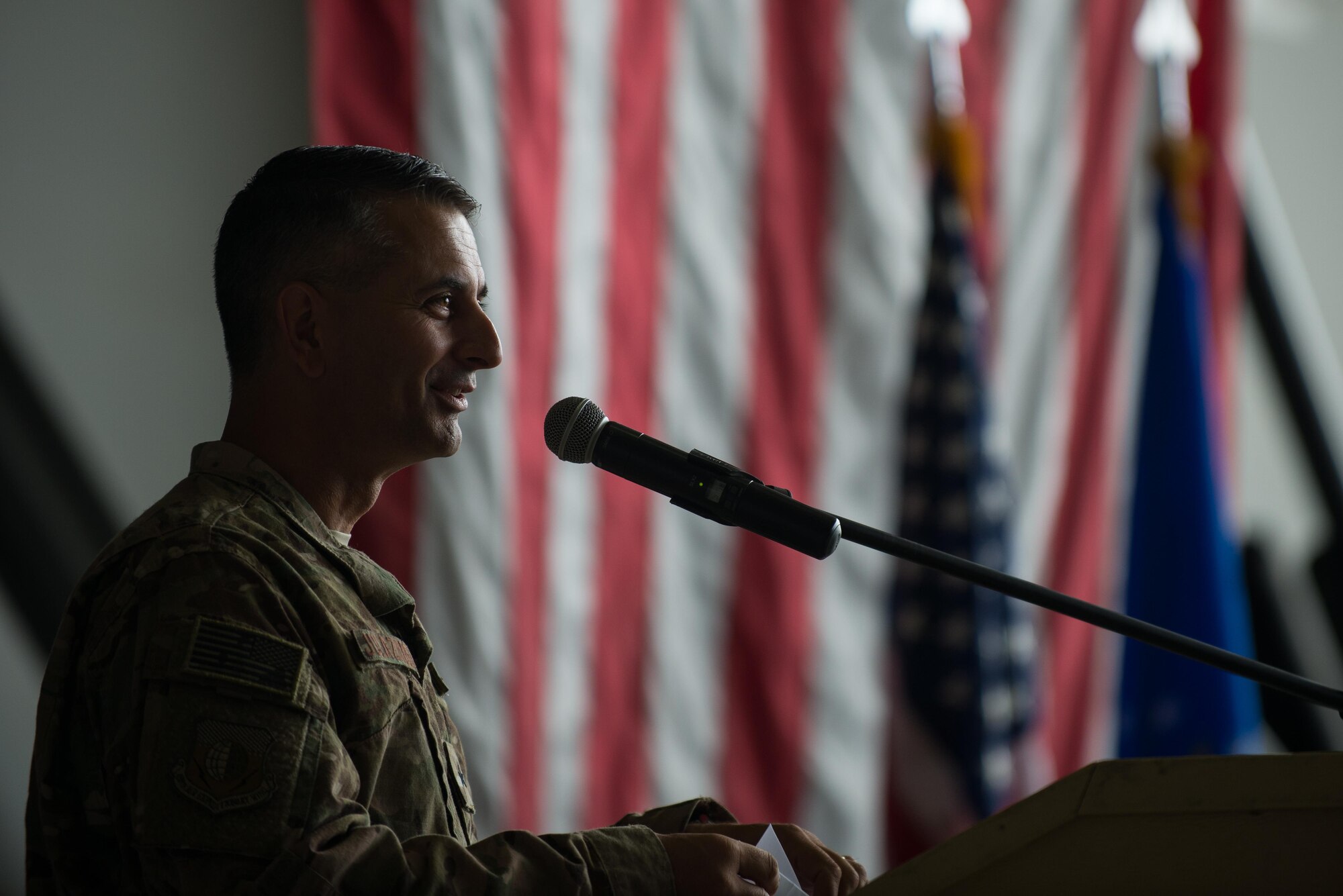 U.S. Air Force Brig. Gen. Dave Julazadeh, 455th Air Expeditionary Wing commander, speaks during the 455th Expeditionary Mission Support Group change of command ceremony at Bagram Airfield, Afghanistan, Aug. 3, 2015. The 455th MSG is comprised of five squadrons responsible for communications, civil engineer operations, force support, logistics readiness, and security forces. (U.S. Air Force photo by Tech. Sgt. Joseph Swafford/Released)