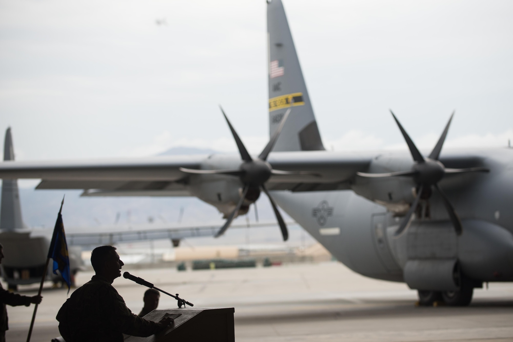 U.S. Air Force Brig. Gen. Dave Julazadeh, 455th Air Expeditionary Wing commander, speaks during the 455th Expeditionary Mission Support Group change of command ceremony at Bagram Airfield, Afghanistan, Aug. 3, 2015. The 455th MSG is comprised of five squadrons responsible for communications, civil engineer operations, force support, logistics readiness, and security forces. (U.S. Air Force photo by Tech. Sgt. Joseph Swafford/Released)