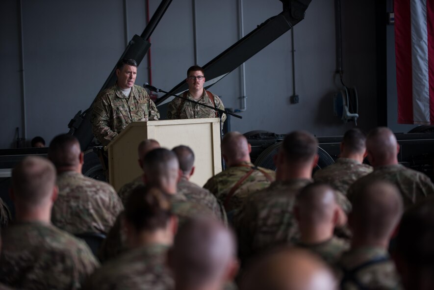 U.S. Air Force Col. William Clark, 455th Expeditionary Mission Support Group commander, speaks during the 455th EMSG change of command ceremony at Bagram Airfield, Afghanistan, Aug. 3, 2015. The 455th MSG is comprised of five squadrons responsible for communications, civil engineer operations, force support, logistics readiness, and security forces. (U.S. Air Force photo by Tech. Sgt. Joseph Swafford/Released)