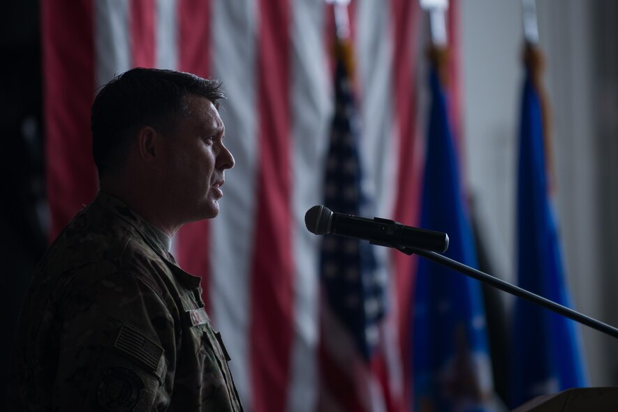 U.S. Air Force Col. William Clark, 455th Expeditionary Mission Support Group commander, speaks during the 455th EMSG change of command ceremony at Bagram Airfield, Afghanistan, Aug. 3, 2015. The 455th MSG is comprised of five squadrons responsible for communications, civil engineer operations, force support, logistics readiness, and security forces. (U.S. Air Force photo by Tech. Sgt. Joseph Swafford/Released)