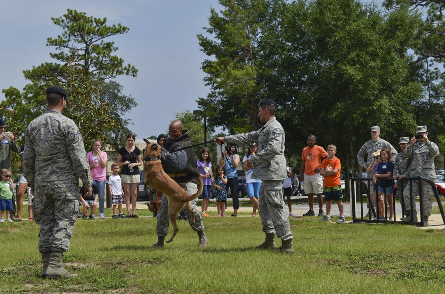 Senior Airman Sean Gregory, 33rd Operations Support Squadron aircrew flight equipment technician, gives a presentation to 33rd Operations Support Squadron and 58th Fighter Squadron families for “Bring your family to work day” at Eglin Air Force Base, Fla., July 31, 2015. The 33 OSS and 58 FS hosted this event to show families their jobs in the Air Force. (U.S. Air Force Photo/Senior Airman Andrea Posey)