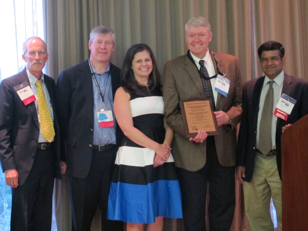 As major conference presenters, facilitators and award recipients, ERDC-EL and CHL team members often took center stage at the Western Dredging Association’s (WEDA) and Texas A&M's Dredging Summit and Expo held June 22-25 in Houston, Texas. Joining in the presentation to ERDC-EL for the 2015 Western Dredging Association’s (WEDA) Gold Environmental Excellence Award, were, from left, Craig Vogt, WEDA Environmental Commission chairman; Robert Ramsdell, Great Lakes Dredge and Dock Company;
Ashley Kerns, Mike Hooks Inc; Dr. Burton Suedel, EL; and 
Ram Mohan, WEDA president and board of directors chairman.