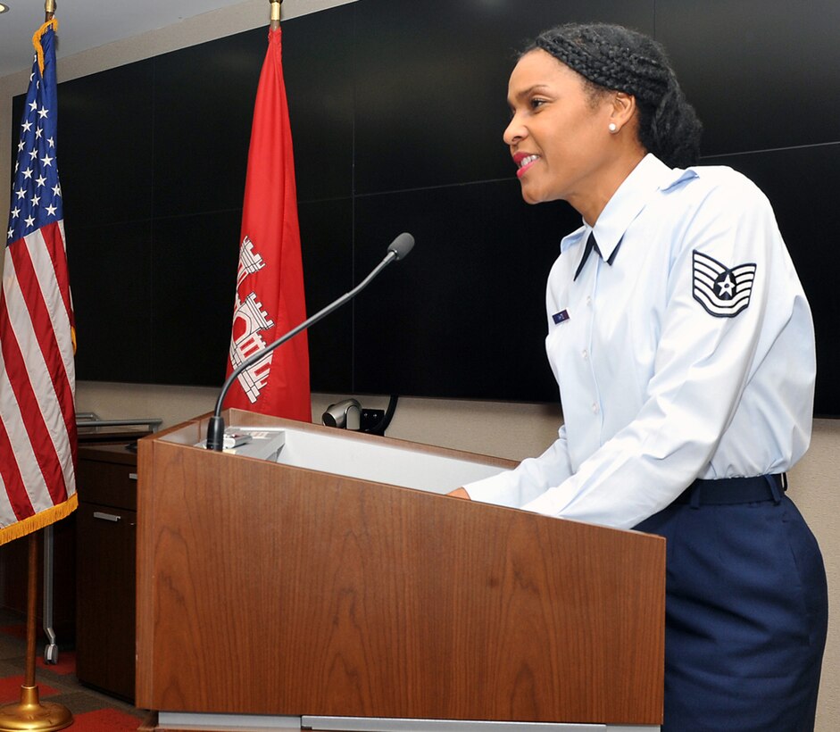 Air Force Reserve non-commissioned officer Staff Sgt. Monica White, assigned to U.S. Army Corps of Engineers Nashville District, was promoted to the rank of technical sergeant June 9, 2015 in a ceremony attended by district employees.