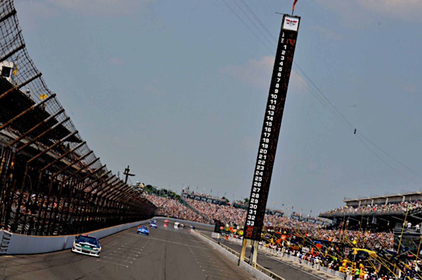 Dale Earnhardt Jr., driver of the No. 88 National Guard NASCAR racecar, races around the track at the Indianapolis Motor Speedway in Indianapolis, Ind. July 31, 2011. Earnhardt now sits in 10th place in the NASCAR Sprint Cup Series points chase.