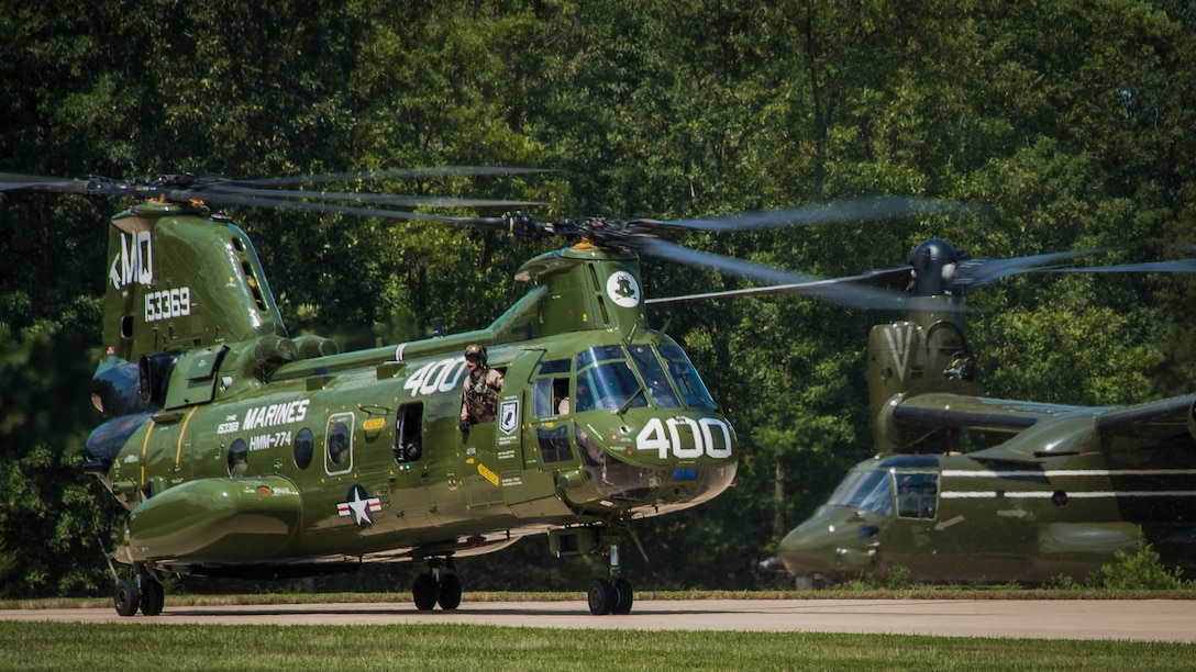 The Ch-46 begins its landing during the CH-46 Retirement Ceremony at the Smithsonian Institution National Air and Space Museum’s Steven Udvar-Hazy Center in Chantilly, Virginia Aug. 1, 2015. The ceremony was conducted by Marines from Medium Helicopter Squadron 774 4th Marine Aircraft Wing, Marine Corps Forces Reserve, and Marines from Marine Helicopter Squadron One from Marine Corps base Quantico, Virginia.