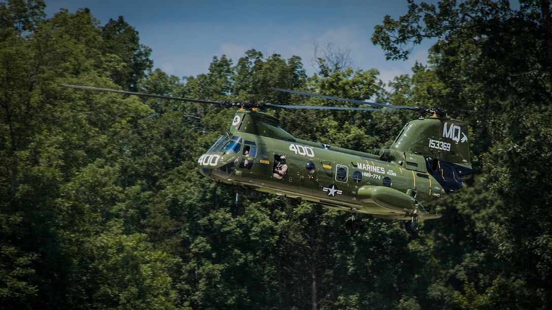 The Ch-46 begins its landing during the CH-46 Retirement Ceremony at the Smithsonian Institution National Air and Space Museum’s Steven Udvar-Hazy Center in Chantilly, Virginia Aug. 1, 2015. The ceremony was conducted by Marines from Medium Helicopter Squadron 774 4th Marine Aircraft Wing, Marine Corps Forces Reserve, and Marines from Marine Helicopter Squadron One from Marine Corps base Quantico, Virginia.