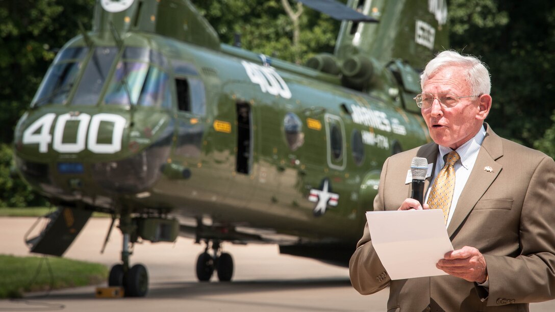 (Ret.) Gen J.R. Dailey speaks on behalf of the Smithsonian Institution National Air and Space Museum during the CH-46 Retirement Ceremony at the Smithsonian Institution National Air and Space Museum’s Steven F. Udvar-Hazy Center I Chantilly, Virginia Aug. 1, 2015. The Ch-46’s main mission was to provide combat support for the Marines on the ground.