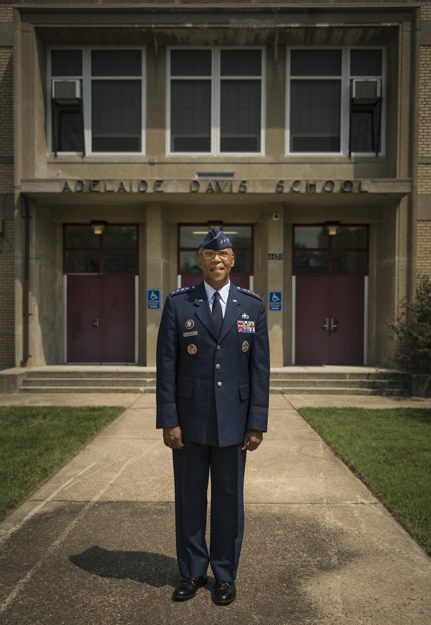 Air Force Vice Chief of Staff Gen. Larry O. Spencer returns to the Adelaide Davis Elementary School in Washington, D.C., on July 30, 2015. Spencer, who will retire Aug. 7 after 44 years in the Air Force, attended the school as a young boy. (U.S. Air Force photo/Staff Sgt. Vernon Young Jr.)