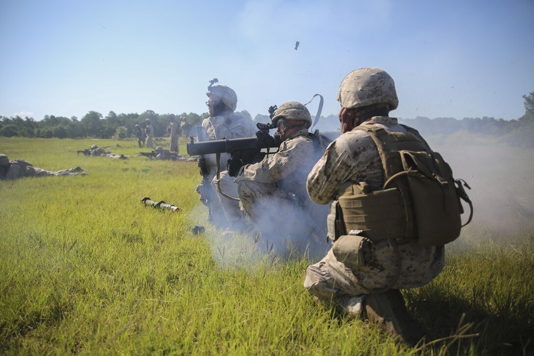 A U.S. Marine with Golf Company, 2nd Battalion, 2nd Marine Regiment, fires a Shoulder-launched Multipurpose Assault Weapon during a squad attack range at Marine Corps Base Camp Lejeune, North Carolina, July 28. Approximately 50 Marines with the unit participated in the training, which helped build unit cohesion and fire and maneuver skills. 