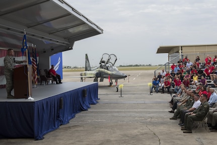 Brig. Gen. Carl Buhler, Ogden Air Logistics Complex commander, Hill Air Force Base, Utah, speaks during the unveiling of the first T-38 from the Pacer Classic III program July 31, 2015, at Joint Base San Antonio-Randolph. Pacer Classic III represents the largest single structural modification ever undertaken on the T-38 aircraft and will extend the service life of the modified aircraft by 15-20 years. 