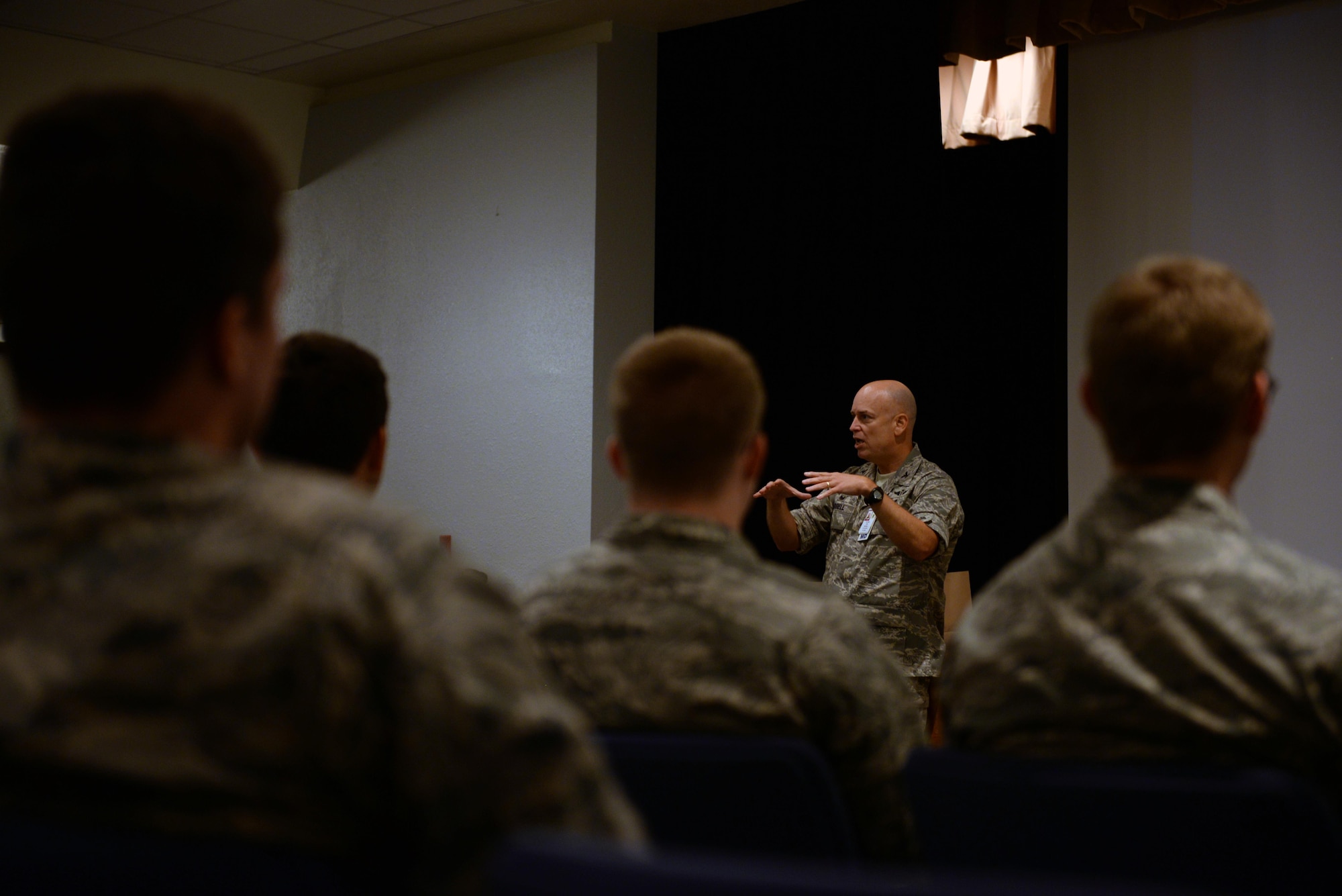 Col. (Dr.) Thomas Harrell, 81st Medical Group commander, addresses a group of Air Force Academy cadets during their tour of the Keesler Medical Center as part of Operation Air Force, July 21, 2015, Keesler Air Force Base, Miss. Available to Academy and ROTC cadets, OAF gives future Air Force officers an in-depth look at what the operational Air Force is like. The cadets toured organizations within the 81st Training Wing and 403rd Wing during their two-week stay. (U.S. Air Force photo by Airman 1st Class Duncan McElroy)
