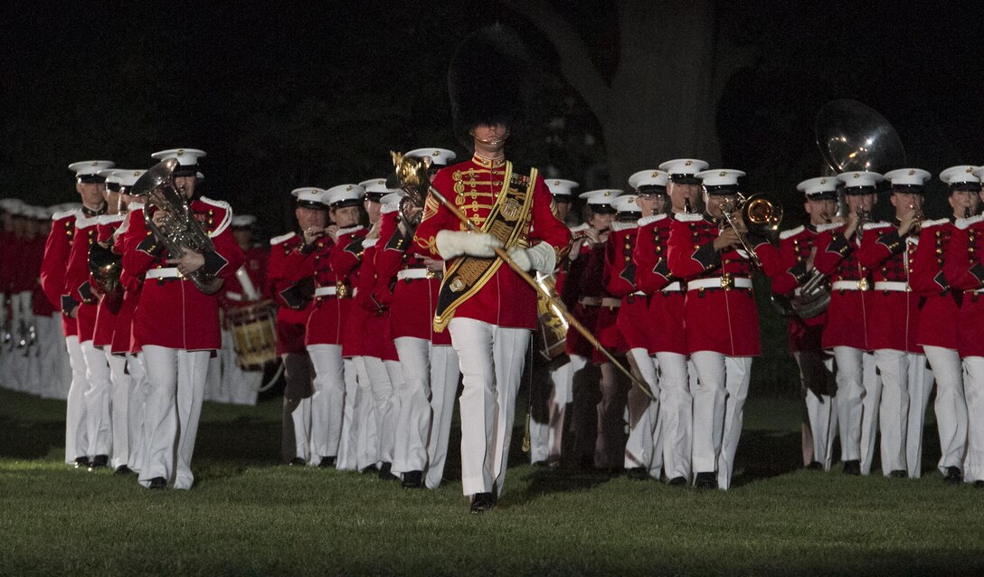 The United States Marine Band performs during a Friday Evening Parade at Marine Barracks Washington, D.C., July 31, 2015.The guest of honor was Gen. Martin Dempsey, Chairman of the Joint Chiefs of Staff, and the hosting official was Gen. Joseph F. Dunford Jr., commandant of the Marine Corps. (U.S. Marine Corps photo by Cpl. Skye Davis/Released)