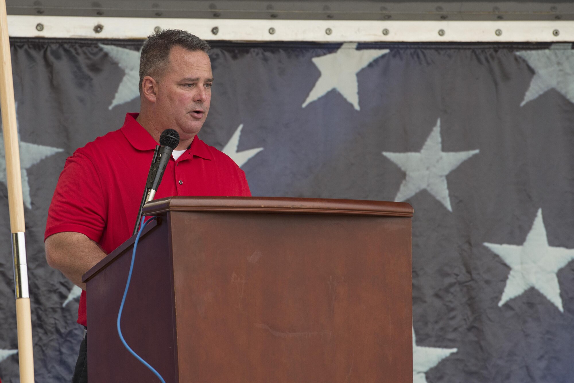 Robert Lewin, 575th Aircraft Maintenance Squadron T-38 director, speaks at the unveiling of the first completed T-38 from the Pacer Classic III project July 31, 2015, at Joint Base San Antonio-Randolph, Texas. Pacer Classic III is intended to ensure structural airworthiness of 150 T-38C aircraft and maintain T-38C fleet viability until 2029 and provides a bridge to the Air Force’s future trainer aircraft. (U.S. Air Force photo by Airman 1st Class Stormy Archer)