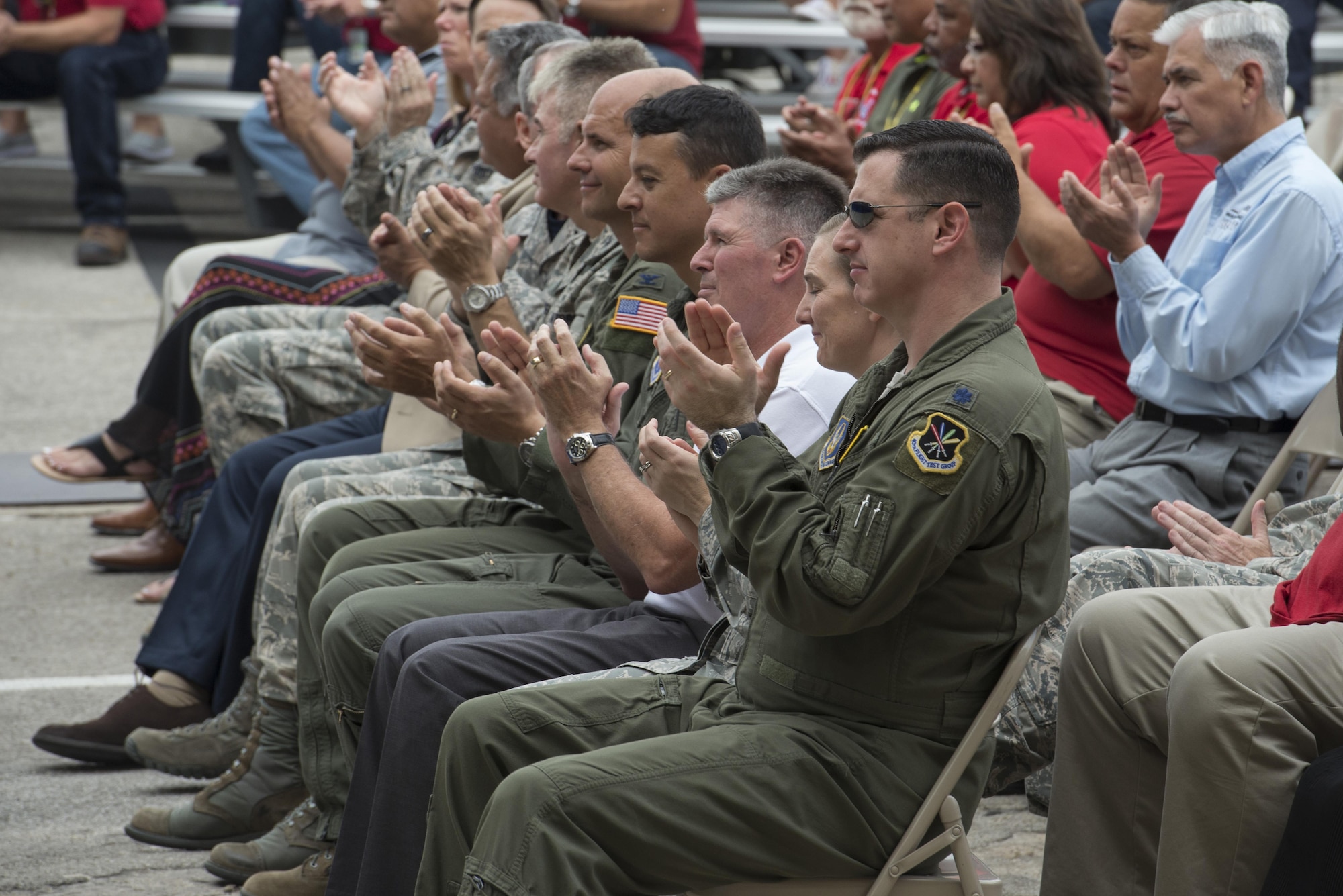 Joint Base San Antonio-Randolph members attend the unveiling of the first aircraft from the Pacer Classic III program July 31, 2015, at JBSA-Randolph, Texas. Pacer Classic III is intended to ensure structural airworthiness of 150 T-38C aircraft and maintain T-38C fleet viability until 2029 and provides a bridge to the Air Force's future trainer aircraft. (U.S. Air Force photo by Airman 1st Class Stormy Archer)