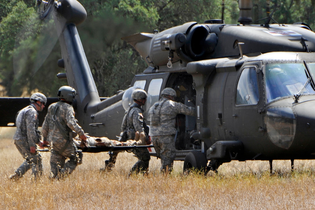 Soldiers load mock casualties onto a UH-60 Black Hawk medical evacuation helicopter during a mass casualty evacuation exercise on Fort Hunter Liggett, Calif., Aug. 2, 2015.