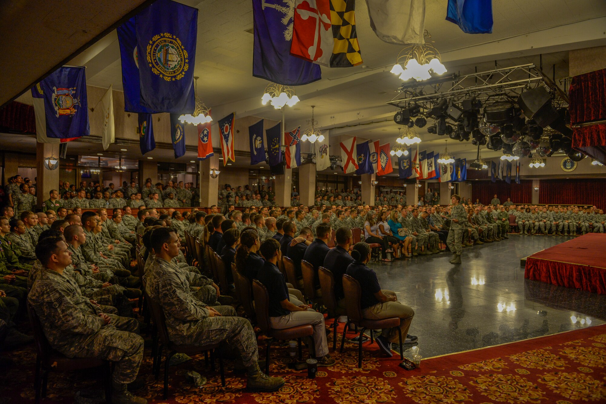 U.S. Air Force Gen. Lori Robinson, Pacific Air Forces commander, addresses Airmen during an all-call at the Rocker NCO Club on Kadena Air Base, Japan, Aug. 4, 2015. During her three-day visit to the base, Robinson met with Airmen and families and witnessed Kadena’s missions and operations during a trip to the base with U.S. Air Force Chief Master Sgt. Harold Hutchison, PACAF command chief. (U.S. Air Force photo by Senior Airman Stephen G. Eigel/Released)
