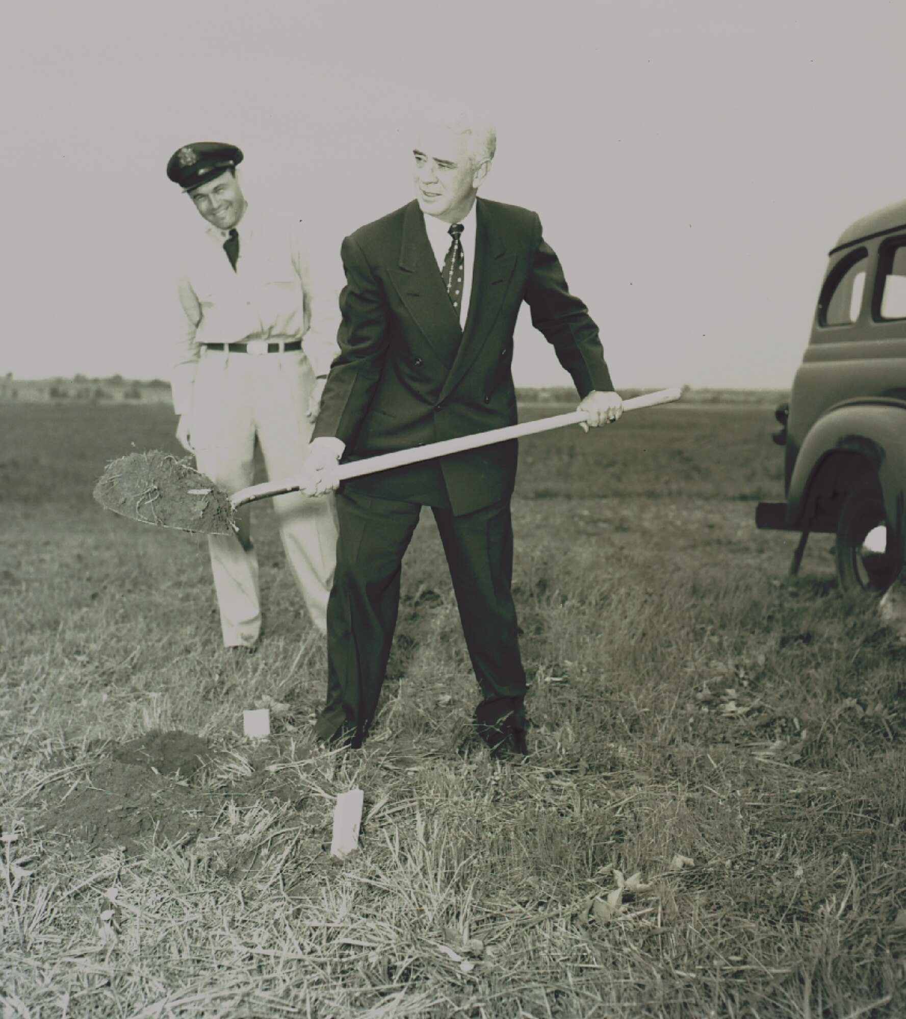 Arkansas Gov. Francis Cherry participates in the 184th Tactical Reconnaissance Squadron's ground breaking ceremony, May 10, 1954, Fort Smith, Arkansas. Eighty acres of land was leased to the 184th TRS from the Fort Smith Municipal Airport for the purpose of establishing a home for the unit, which is now the 188th Wing Ebbing Air National Guard Base. (Courtesy photo)