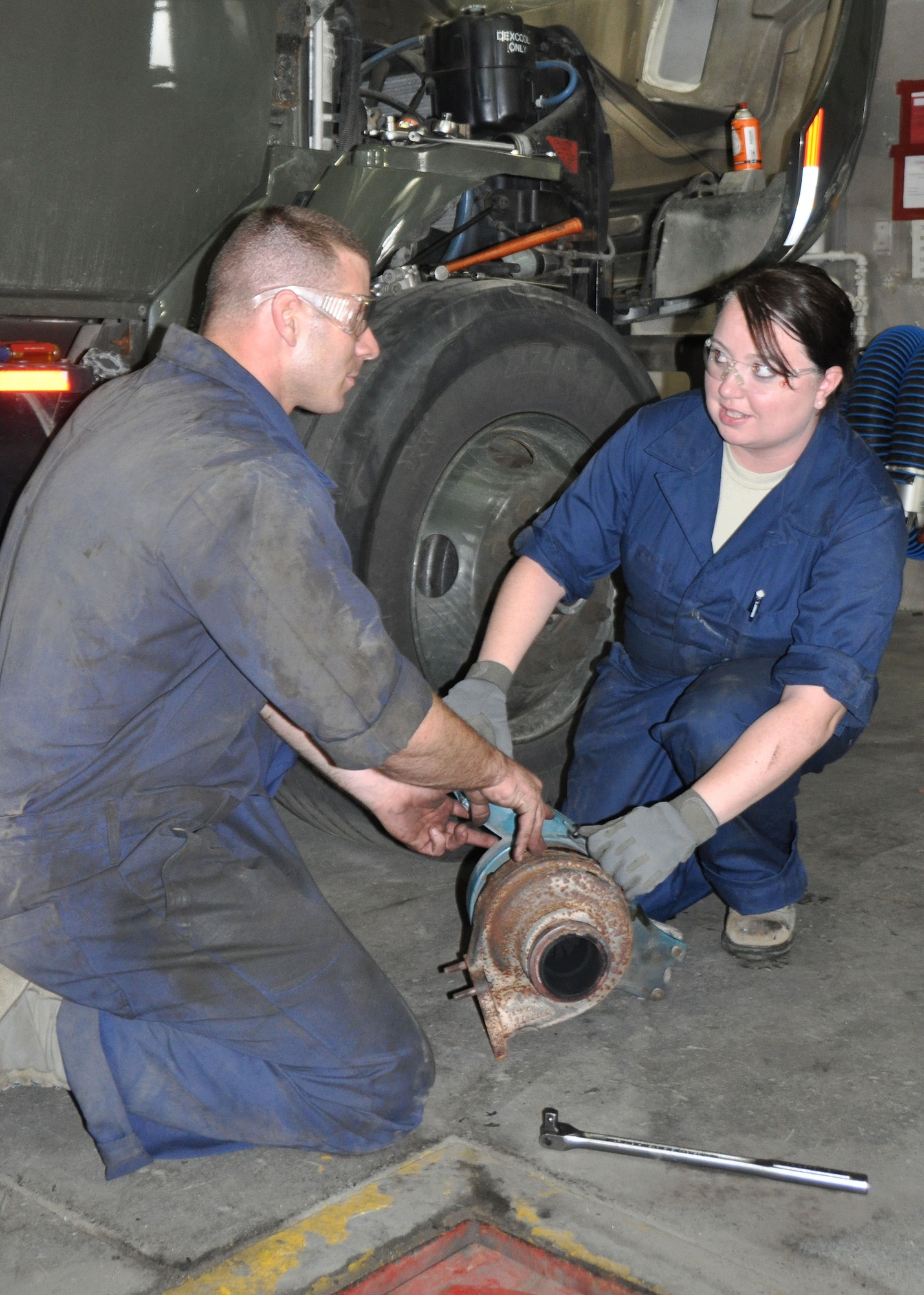 Staff Sgt. Adam Jenkins and Senior Airman Cassandra Jenkins are a dual-military couple fresh off of active duty who decided to continue serving the county by joining the Air Force Reserve.  They joined the 944th Fighter Wing at Luke Air Force Base, Arizona, both serve in the 944th Logistics Readiness Squadron and together work as maintainers in the refueling vehicle maintenance shop.   Both are currently at Joint Base Elmendorf-Richardson, Alaska for their 2015 annual tour.  This is the couple’s first deployment with the unit and first opportunity to travel together as a couple. (U.S. Air Force photo taken by Tech. Sgt. Barbara Plante)
