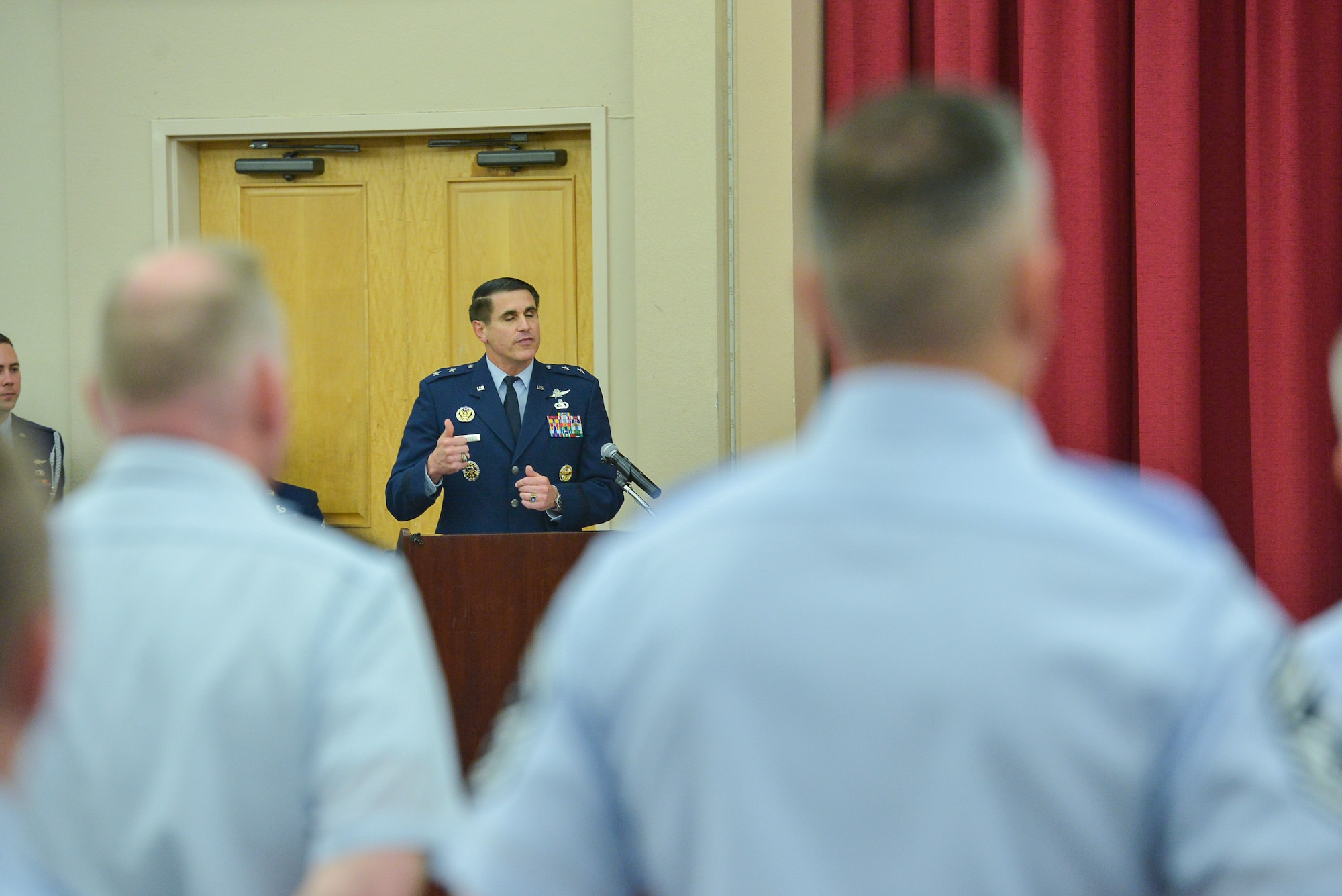 Maj. Gen. Bradford J. “BJ” Shwedo addresses the audience after taking command of 25th Air Force from Maj. Gen. John N.T. “Jack” Shanahan on Aug. 3, at Joint Base San Antonio-Lackland, Texas. (USAF photo by William B. Belcher)
