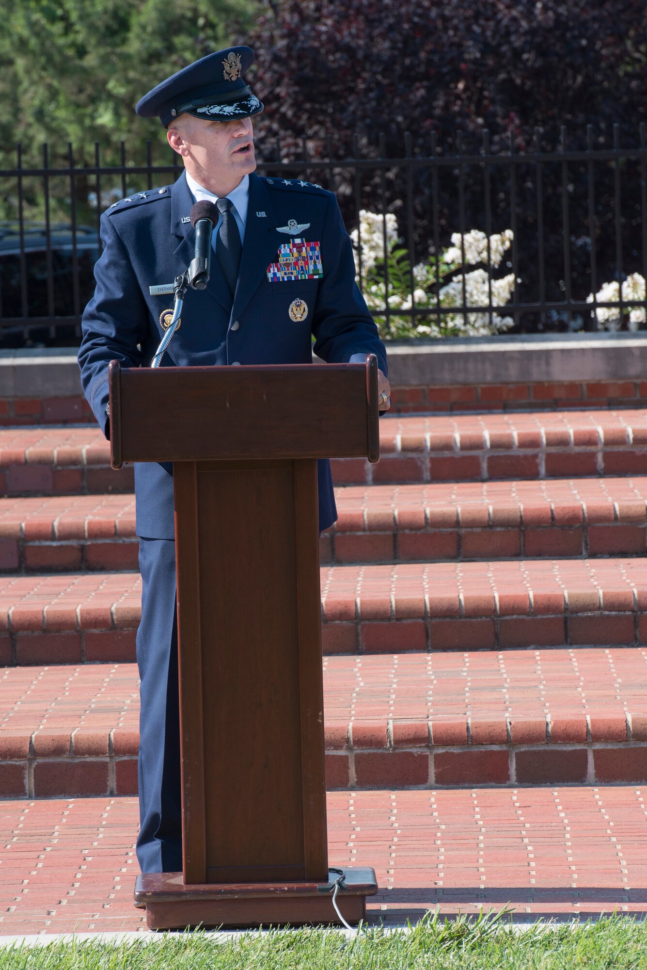 Lt. Gen. Carlton Everhart, 18th Air Force commander, speaks during the 375th Air Mobility Wing change of command ceremony where Col. Laura Lenderman assumed command Aug. 3, 2015, at Scott Air Force Base, Ill. Lenderman arrived from Washington D.C. as Chief, Analysis Branch, Program and Budget Analysis Division, Joint Staff J-8. (U.S. Air Force photo/ Airman 1st Class Kiana Brothers)