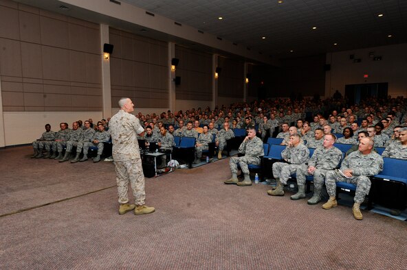 U.S. Marine Corps Sgt. Maj. Bryan Battaglia, senior enlisted advisor to the chairman of the joint chiefs of staff, speaks to a crowd Service members from around Wichita, Kan., July 30, 2015, at McConnell Air Force Base, Kan. During his visit, Battaglia toured various units around base and he visited Airmen performing their job to learn about the mission. (U.S. Air Force photo by Senior Airman Victor J. Caputo)
