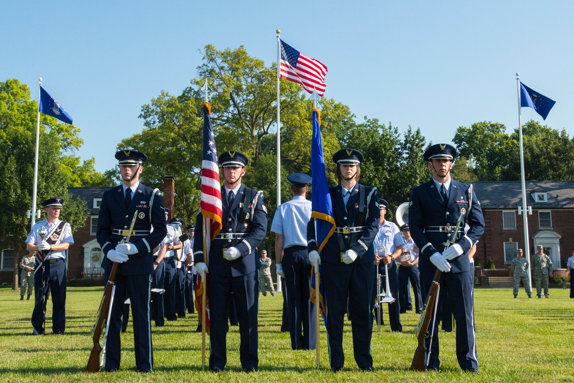 Honor Guard stands at parade rest while awaiting commands during the 375th AMW Change of Command August 3, 2015 on Scott Air Force Base, Illinois. Colonel Laura Lenderman former Chief, Analysis Branch, Program and Budget Analysis Division, Joint Staff J-8 in Washington D.C. was selected to take command. (U.S. Air Force photo/ Senior Airman Tristin English) 