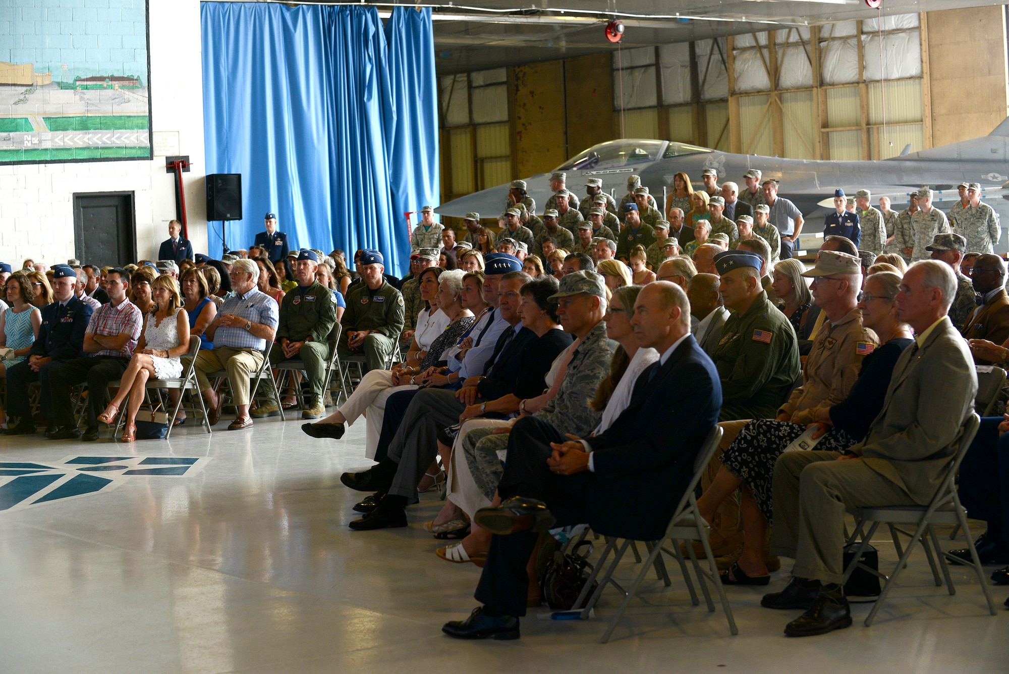 Ninth Air Force Airmen, community leaders and retired general officers attended the 9th Air Force change of command ceremony at Shaw Air Force Base, S.C., July 31, 2015. U.S. Air Force Maj. Gen. Mark Kelly assumed command from Maj. Gen. H. D. Polumbo Jr. in a ceremony officiated by Gen. Hawk Carlisle, commander of Air Combat Command. (U.S. Air Force photo by Senior Airman Diana Cossaboom/Released)