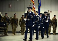 Airmen from the 341st Missile Wing Honor Guard bring in the colors for the 341st MW Combat Dining Out July 31, 2015, at Malmstrom Air Force Base, Mont. To carry the colors is a tradition held at the beginning of military events. (U.S. Air Force photo/Airman 1st Class Magen M. Reeves)