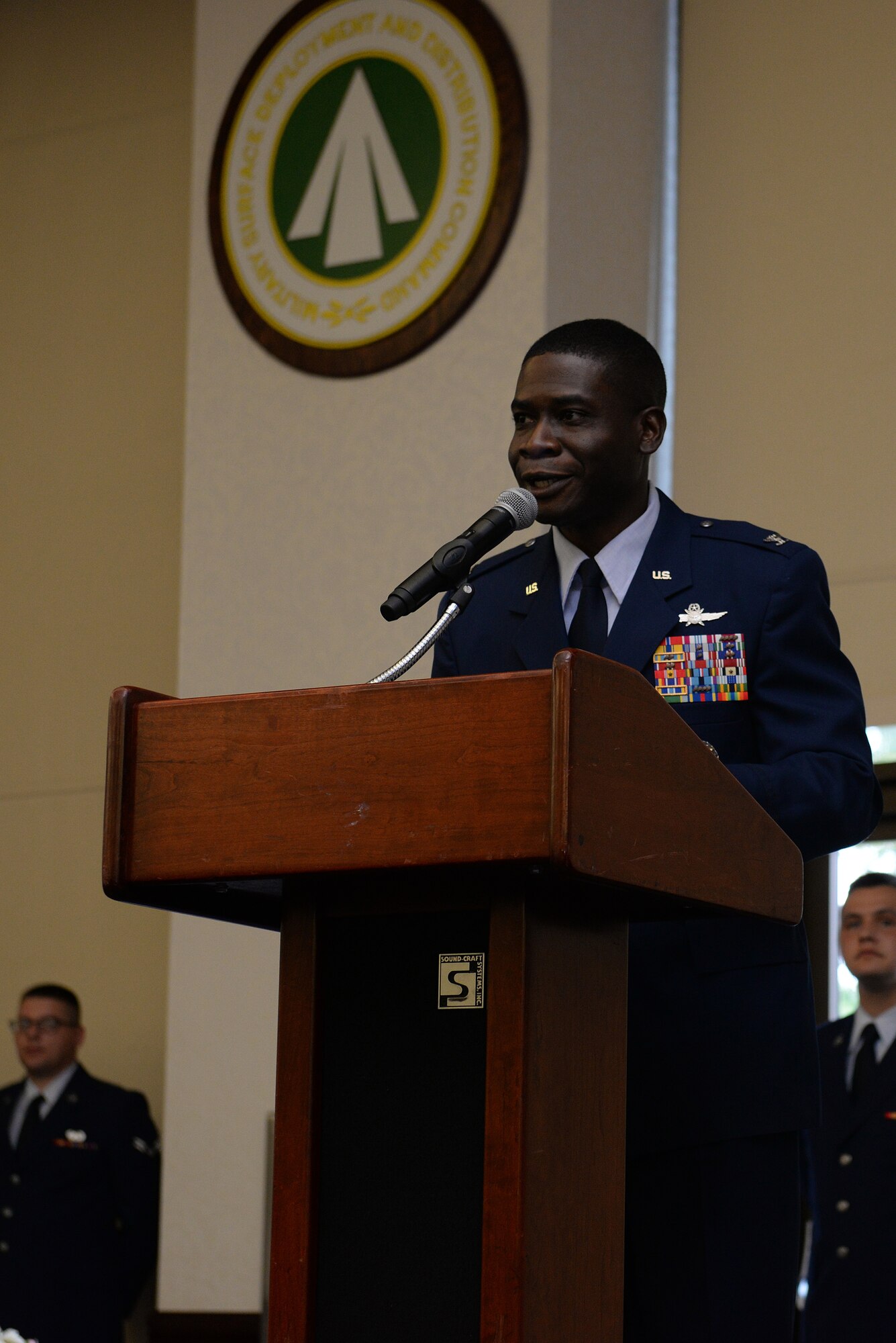 Col. Terrance Adams, 375th Communications Group Commander, assumes command of the 375th CG July 27, 2015, Scott Air Force Base, Illinois. Adams said he looks forward to finding new, innovative ways for his Airmen to accomplish the air mobility mission. (U.S. Air Force photo by Airman 1st Class Erica Holbert-Siebert)
