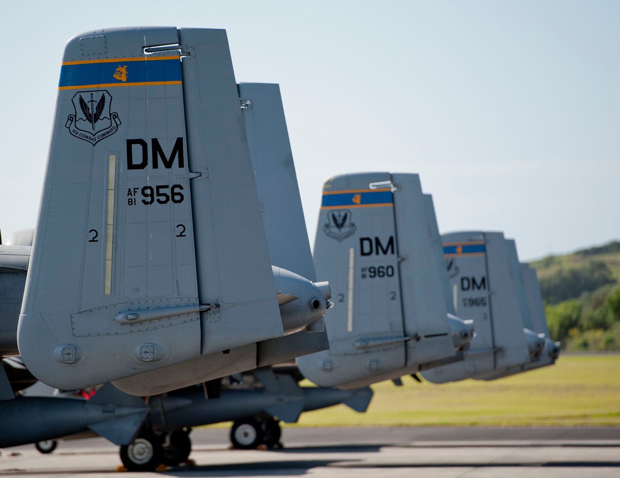 A group of U.S. Air Force A-10 Thunderbolt IIs with the 354th Expeditionary Fighter Squadron are parked on Lajes Field, Azores, Portugal, August 1, 2015. The 354th Expeditionary Fighter Squadron returns home after deploying 12 A-10s as part of a Theater Security Package in support of Operation Atlantic Resolve, to Spangdahlem AB, Germany where they conducted training alongside our NATO allies to strengthen interoperability and to demonstrate U.S. commitment to the security and stability of Europe. (U.S. Air Force photo by Master Sgt. Bradley C. Church).