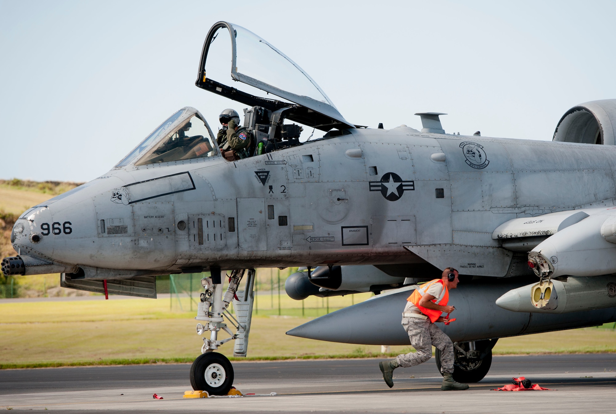 Staff Sgt. Nicholas Podvasnik, a 65th Operations Support Squadron transient alert maintenance technician, and Capt. Justin Ledvina, a 354th Expeditionary Fighter Squadron A-10 Thunderbolt II pilot, perform shutdown procedures on Lajes Field, Azores, Portugal, August 1, 2015. The 354th Expeditionary Fighter Squadron returns home after deploying 12 A-10s as part of a Theater Security Package in support of Operation Atlantic Resolve, to Spangdahlem AB, Germany where they conducted training alongside our NATO allies to strengthen interoperability and to demonstrate U.S. commitment to the security and stability of Europe. (U.S. Air Force photo by Master Sgt. Bradley C. Church).