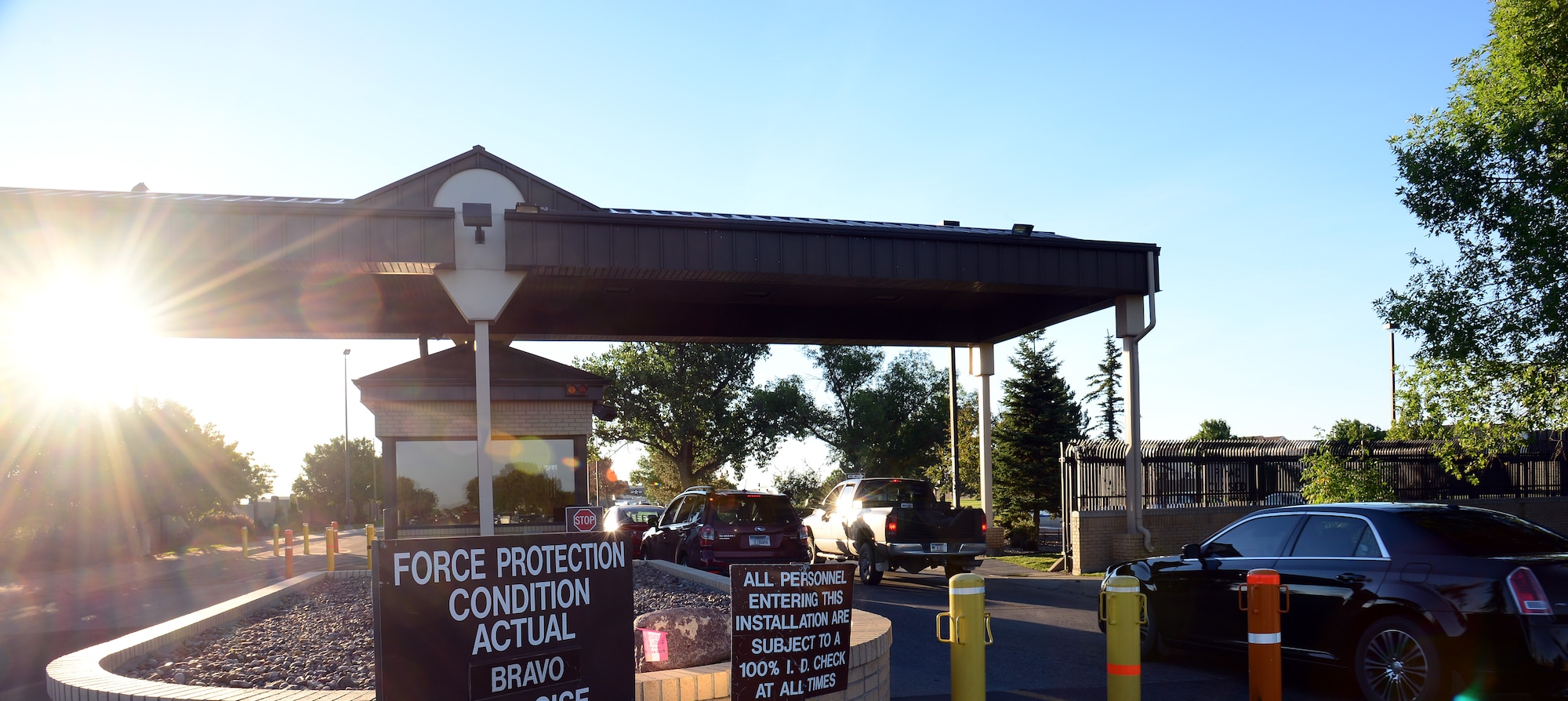 Airmen, families and other base personnel are experiencing Force Protection Condition Bravo, July 31, 2015, at Malmstrom Air Force Base, Mont. Force protection conditions are put in place to assure the safety of the base populace by mandating 100 percent vehicle occupancy ID checks at the gate and random individual vehicle inspections. (U.S. Air Force photo/Airman 1st Class Magen M. Reeves)