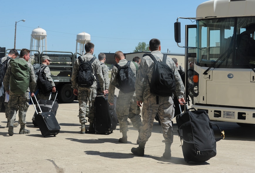 Airmen from the 5th Bomb Wing return home after spending approximately three weeks participating in Red Flag 15-3 training at Nellis Air Force Base, Nev. The 69th Bomb Squadron deployed four B-52H Stratofortresses and approximately 180 Airmen to participate in Red Flag. (U.S. Air Force photo/Senior Airman Stephanie Morris)