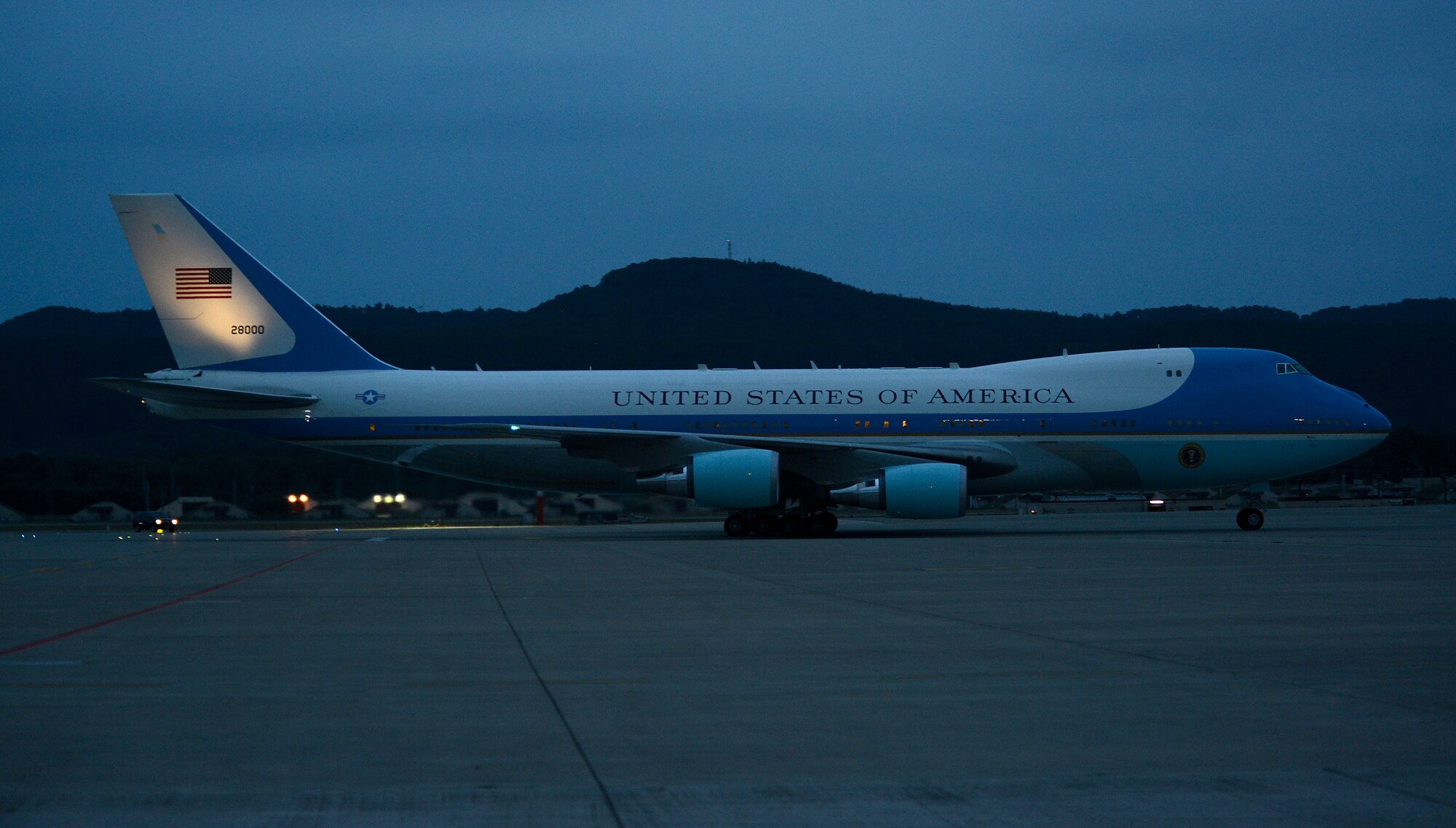 Air Force One taxis to its parking position July 28, 2015, at Ramstein Air Base, Germany. President Obama was traveling back to the U.S. from Kenya, and stopped at Ramstein to refuel. (U.S. Air Force photo/Airman 1st Class Tryphena Mayhugh)